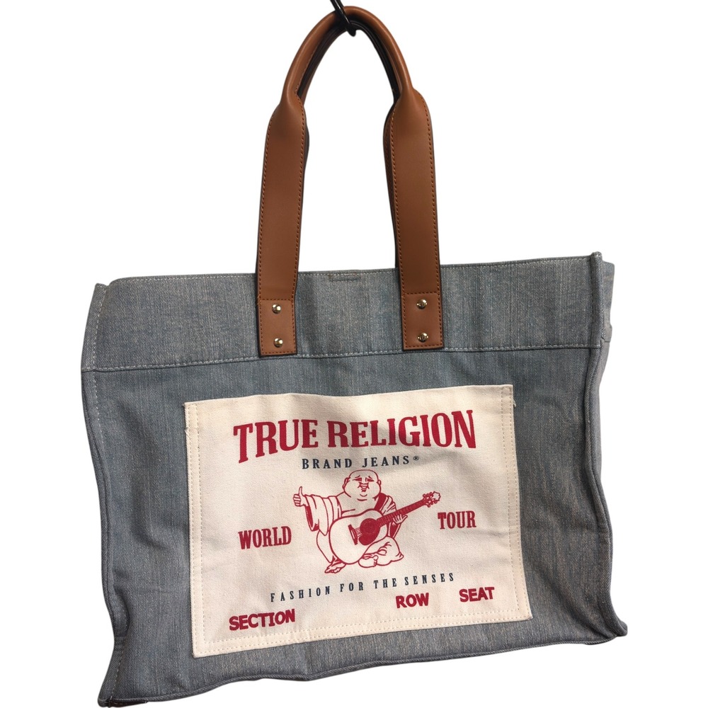 True Religion Denim Tote Bag Blue World Tour Buddha Graphic Shopper Brown Handle